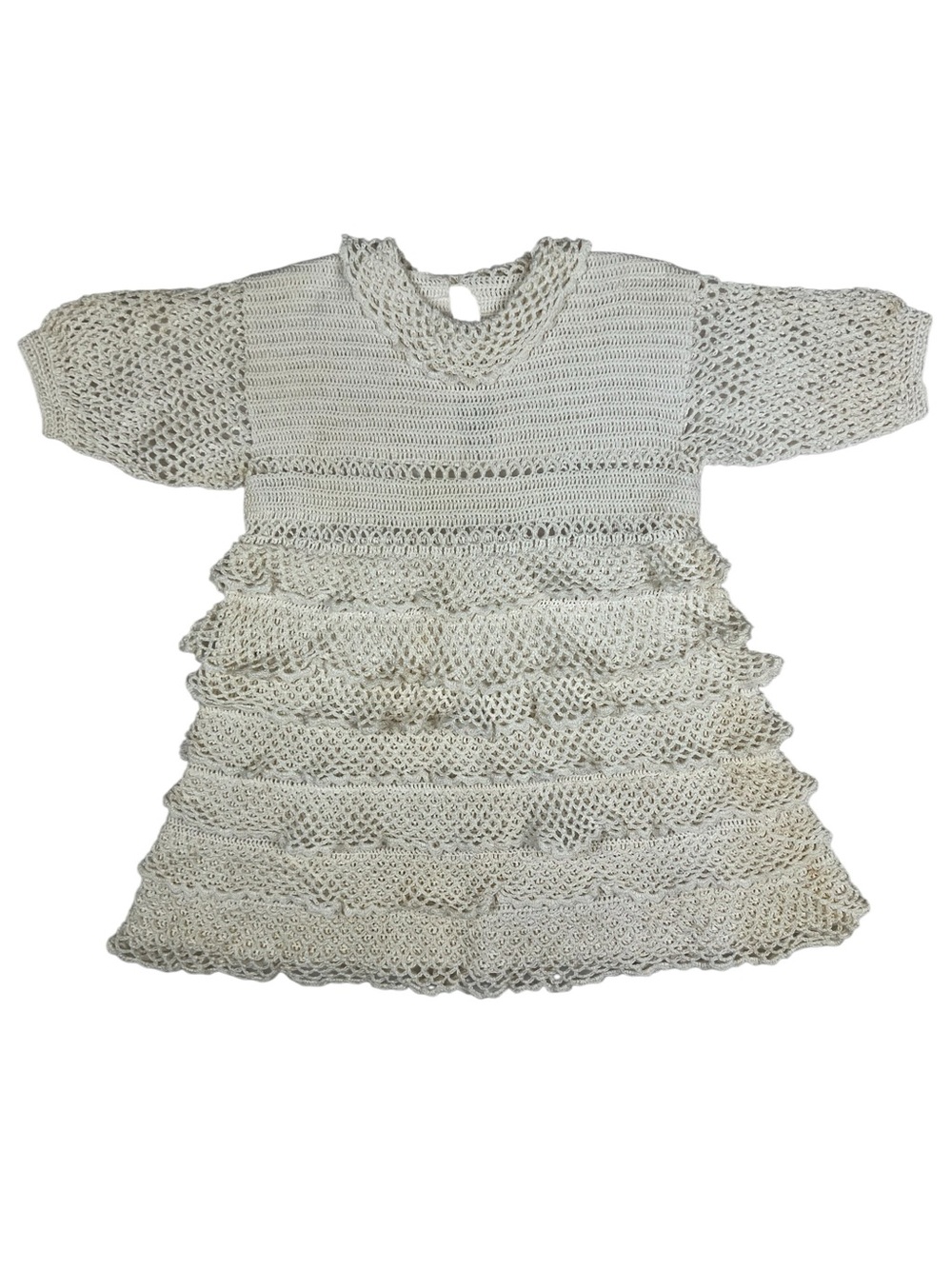 Vintage Handmade Crochet Knit Cream Tiered Ruffle Toddler Dress Cottagecore